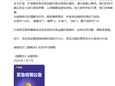 人气火爆挤崩服务器！《鹅鸭杀》手游回应：正紧急修复 补偿公布 ！