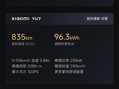 续航最高835km、零百最快3.23秒！小米YU7三个版本公布：配置差异一览 ！