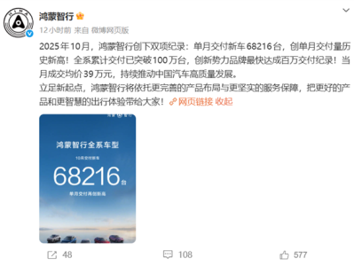 成交均价39万力压BBA！鸿蒙智行10月交付68216台创新高 !