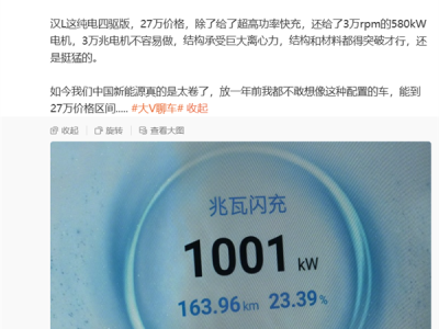 韩路实测比亚迪汉L兆瓦闪充：7分41秒充60% 峰值功率1002kW ！